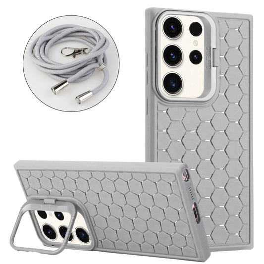 For Samsung Galaxy S23 Ultra 5G Honeycomb Radiating Lens Holder Magsafe Phone Case with Lanyard(Grey) - Galaxy S23 Ultra 5G Cases by buy2fix | Online Shopping UK | buy2fix