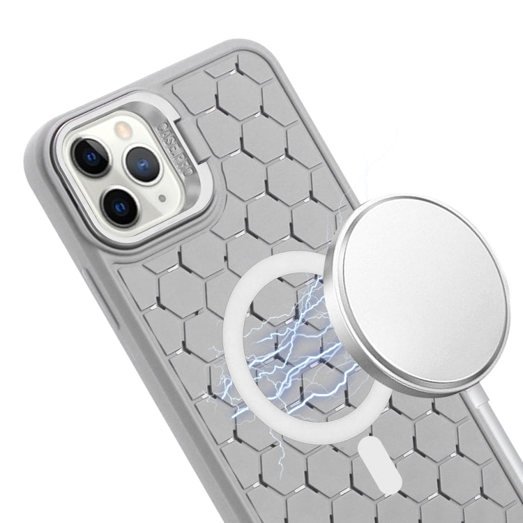 For iPhone 14 Pro Honeycomb Radiating Lens Holder Magsafe Phone Case with Lanyard(Grey) - iPhone 14 Pro Cases by buy2fix | Online Shopping UK | buy2fix