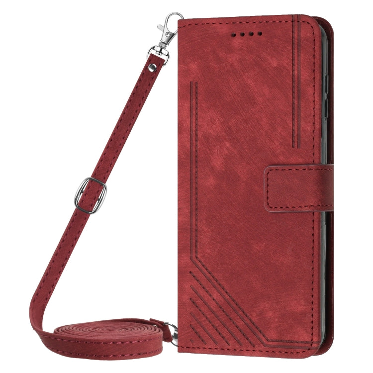 For OnePlus 12 Skin Feel Stripe Pattern Leather Phone Case with Lanyard(Red) - OnePlus Cases by buy2fix | Online Shopping UK | buy2fix