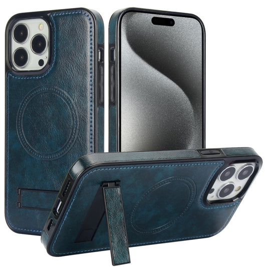 For iPhone 15 Pro Max Retro Leather Invisible Stand MagSafe Phone Case(Blue) - iPhone 15 Pro Max Cases by buy2fix | Online Shopping UK | buy2fix