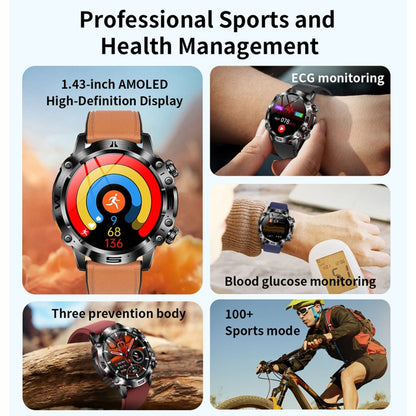 ET482 1.43 inch AMOLED Screen Sports Smart Watch Support Bluethooth Call /  ECG Function(Brown Leather Band) - Smart Watches by buy2fix | Online Shopping UK | buy2fix