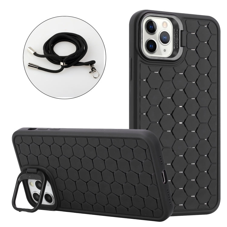 For iPhone 16 Pro Max Honeycomb Radiating Holder TPU Phone Case with Lanyard(Black) - iPhone 16 Pro Max Cases by buy2fix | Online Shopping UK | buy2fix