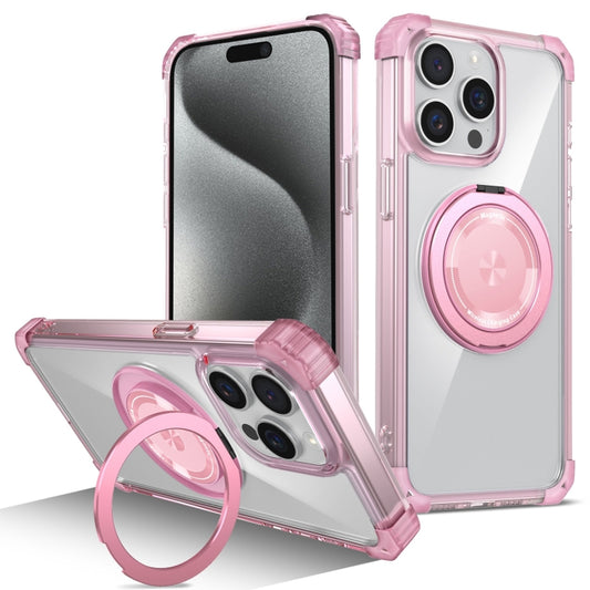 For iPhone 15 Pro Gold Shield CD Pattern MagSafe Magnetic Phone Case with Rotating Stand(Transparent Pink) - iPhone 15 Pro Cases by buy2fix | Online Shopping UK | buy2fix