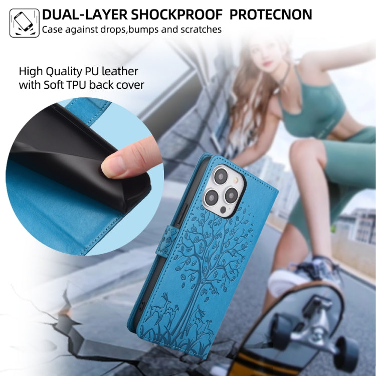 For OnePlus 11 Tree & Deer Embossed Leather Phone Case(Blue) - OnePlus Cases by buy2fix | Online Shopping UK | buy2fix