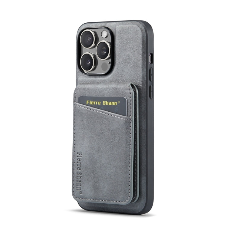 For iPhone 15 Pro Max Fierre Shann Cowhide Vertical Flip Magnetic Card Holder Phone Case(Grey) - iPhone 15 Pro Max Cases by FIERRE SHANN | Online Shopping UK | buy2fix