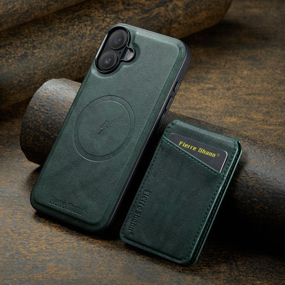 For iPhone 16 Plus Fierre Shann Oil Wax Cow Leather Magnetic Card Holder Phone Case(Green) - iPhone 16 Plus Cases by FIERRE SHANN | Online Shopping UK | buy2fix