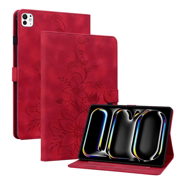 For iPad Pro 11 2024 Lily Embossed Leather Smart Tablet Case(Red) - iPad Pro 11 2024 Cases by buy2fix | Online Shopping UK | buy2fix