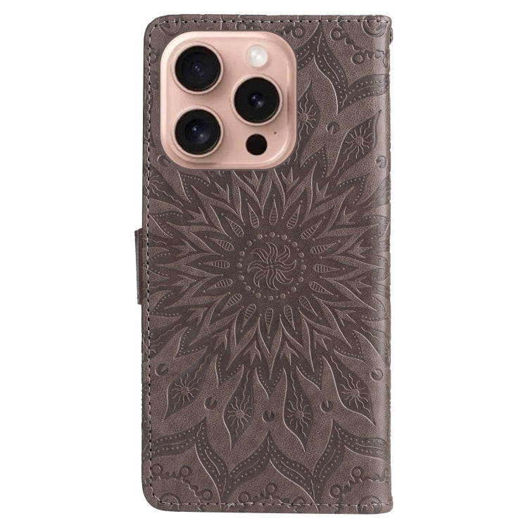 For iPhone 16 Pro Embossed Sunflower Pattern Flip Leather Phone Case(Grey) - iPhone 16 Pro Cases by buy2fix | Online Shopping UK | buy2fix