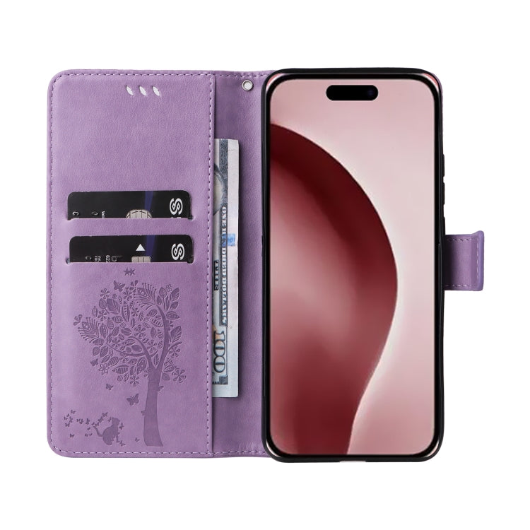 For iPhone 16 Pro Tree & Cat Embossed Pattern Flip Leather Phone Case(Light Purple) - iPhone 16 Pro Cases by buy2fix | Online Shopping UK | buy2fix