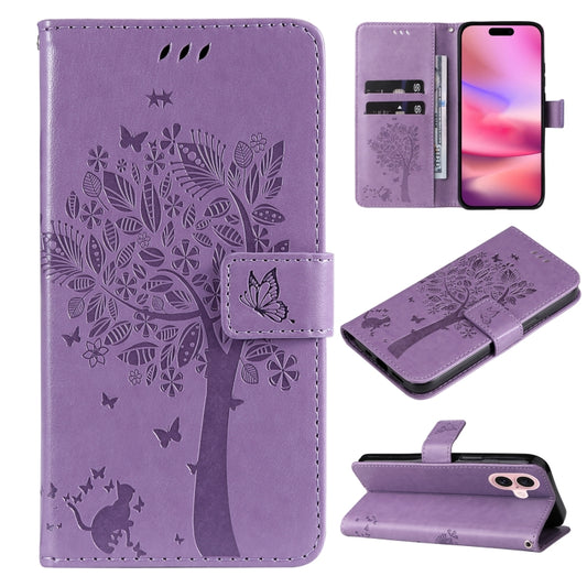 For iPhone 16 Tree & Cat Embossed Pattern Flip Leather Phone Case(Light Purple) - iPhone 16 Cases by buy2fix | Online Shopping UK | buy2fix