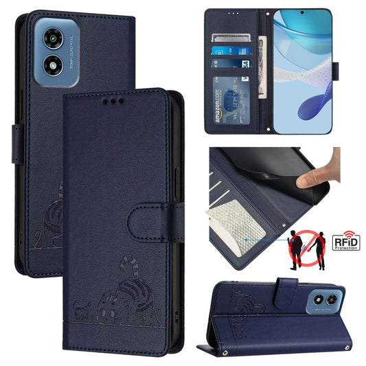 For Motorola Moto G 5G 2024 Global Cat Rat Embossed Pattern RFID Leather Phone Case with Lanyard(Blue) - Motorola Cases by buy2fix | Online Shopping UK | buy2fix