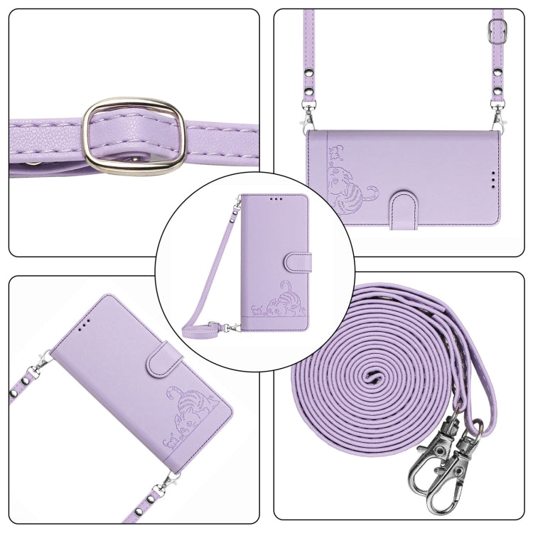 For Motorola Moto G 5G 2024 Global Cat Rat Embossed Pattern RFID Leather Phone Case with Lanyard(Purple) - Motorola Cases by buy2fix | Online Shopping UK | buy2fix