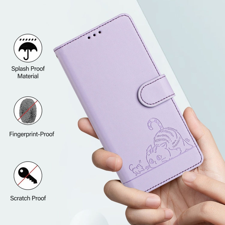 For Motorola Moto G Stylus 5G 2024 Cat Rat Embossed Pattern RFID Leather Phone Case with Lanyard(Purple) - Motorola Cases by buy2fix | Online Shopping UK | buy2fix