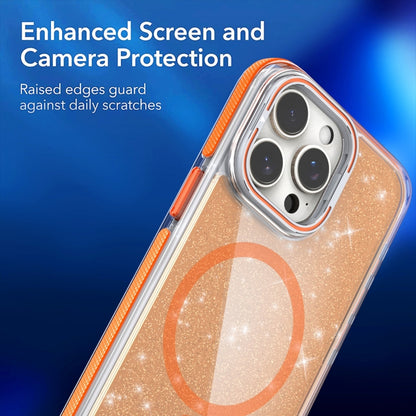 For iPhone 16 Pro Two-color Glitter Powder Lens Holder Magsafe Phone Case(Orange) - iPhone 16 Pro Cases by buy2fix | Online Shopping UK | buy2fix