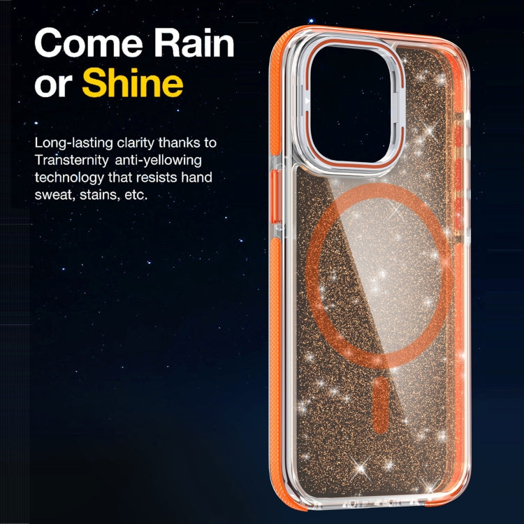 For iPhone 14 Pro Max Two-color Glitter Powder Lens Holder Magsafe Phone Case(Orange) - iPhone 14 Pro Max Cases by buy2fix | Online Shopping UK | buy2fix