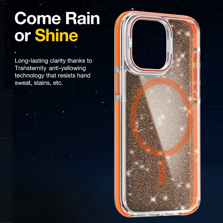 For iPhone 14 Plus Two-color Glitter Powder Lens Holder Magsafe Phone Case(Orange) - iPhone 14 Plus Cases by buy2fix | Online Shopping UK | buy2fix
