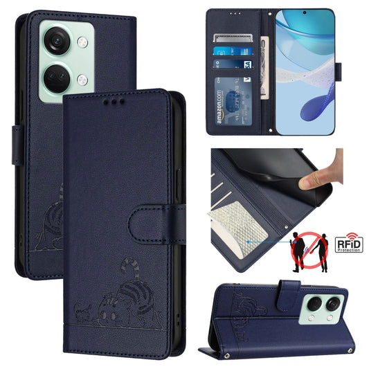 For OnePlus Ace 2V / Nord 3 Cat Rat Embossed Pattern RFID Leather Phone Case with Lanyard(Blue) - OnePlus Cases by buy2fix | Online Shopping UK | buy2fix