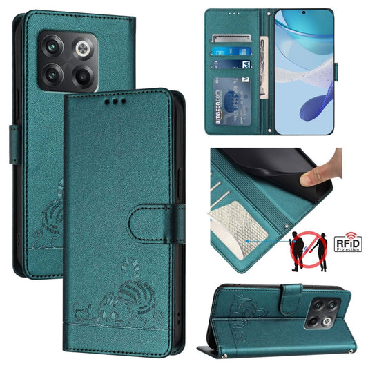 For OnePlus Ace Pro 5G Cat Rat Embossed Pattern RFID Leather Phone Case with Lanyard(Peacock Green) - OnePlus Cases by buy2fix | Online Shopping UK | buy2fix