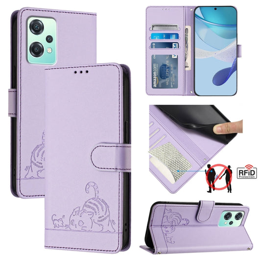 For OnePlus Nord CE 2 Lite Cat Rat Embossed Pattern RFID Leather Phone Case with Lanyard(Purple) - OnePlus Cases by buy2fix | Online Shopping UK | buy2fix