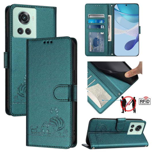 For OnePlus 10R / ACE / 10R Prime Cat Rat Embossed Pattern RFID Leather Phone Case with Lanyard(Peacock Green) - OnePlus Cases by buy2fix | Online Shopping UK | buy2fix