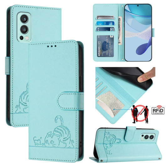 For OnePlus Nord 2 Cat Rat Embossed Pattern RFID Leather Phone Case with Lanyard(Mint Green) - OnePlus Cases by buy2fix | Online Shopping UK | buy2fix