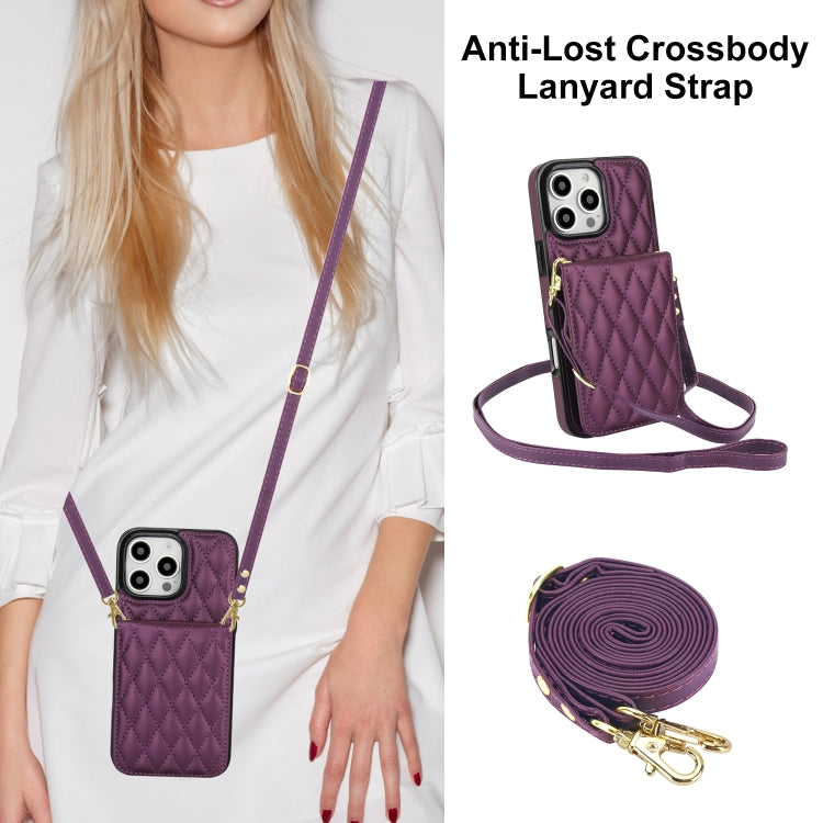 For iPhone 16 Pro Max YM015 Crossbody Rhombic Card Bag RFID Phone Case(Dark Purple) - iPhone 16 Pro Max Cases by buy2fix | Online Shopping UK | buy2fix