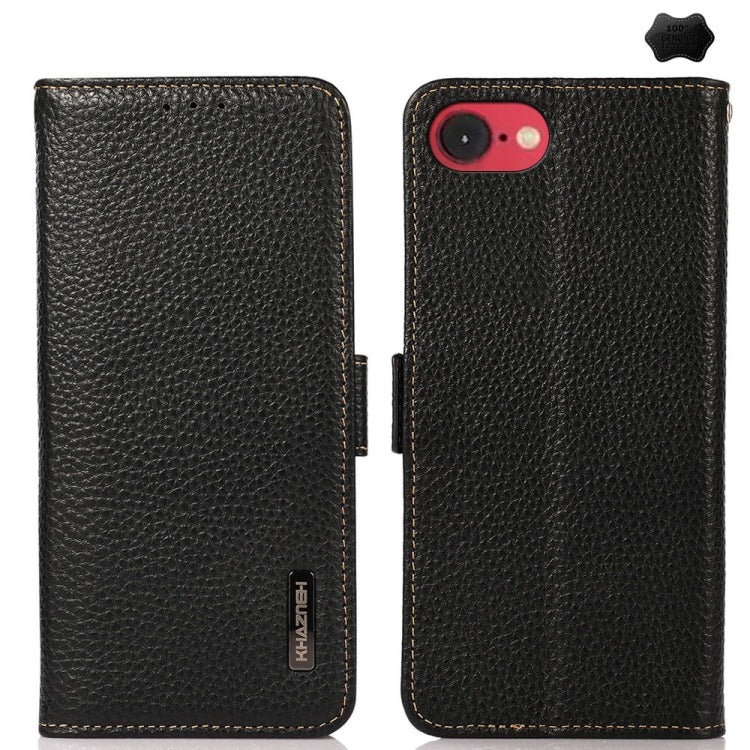 For iPhone 16e KHAZNEH Side-Magnetic Litchi Genuine Leather RFID Case(Black) - iPhone 16e Cases by buy2fix | Online Shopping UK | buy2fix