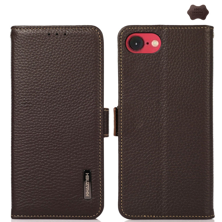 For iPhone 16e KHAZNEH Side-Magnetic Litchi Genuine Leather RFID Case(Brown) - iPhone 16e Cases by buy2fix | Online Shopping UK | buy2fix