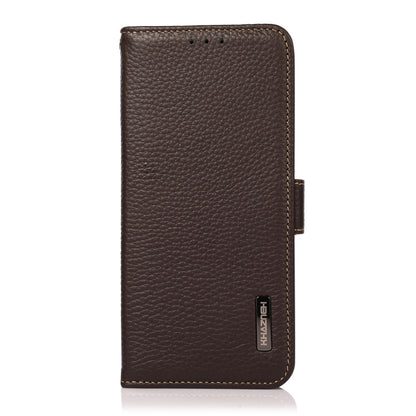 For iPhone 16e KHAZNEH Side-Magnetic Litchi Genuine Leather RFID Case(Brown) - iPhone 16e Cases by buy2fix | Online Shopping UK | buy2fix