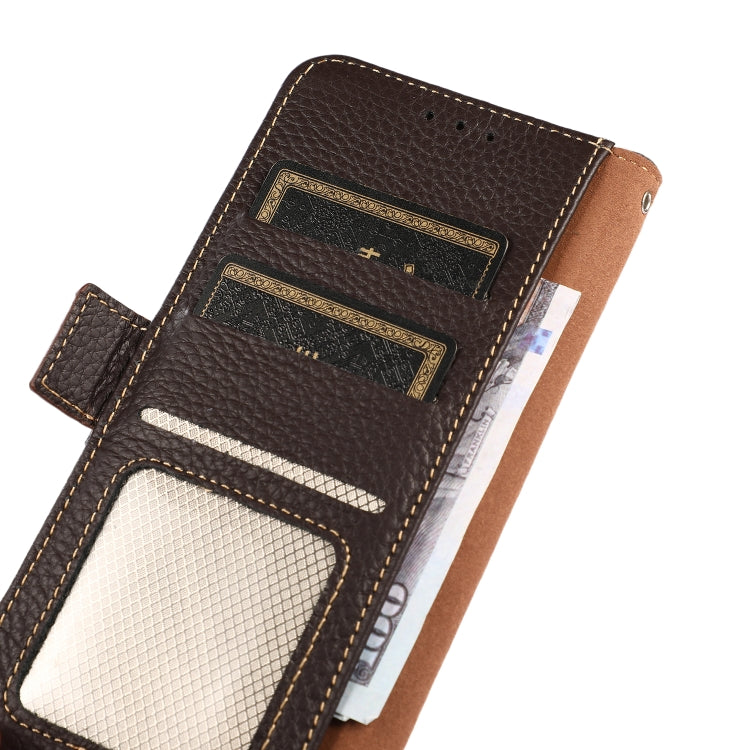 For iPhone 16e KHAZNEH Side-Magnetic Litchi Genuine Leather RFID Case(Brown) - iPhone 16e Cases by buy2fix | Online Shopping UK | buy2fix