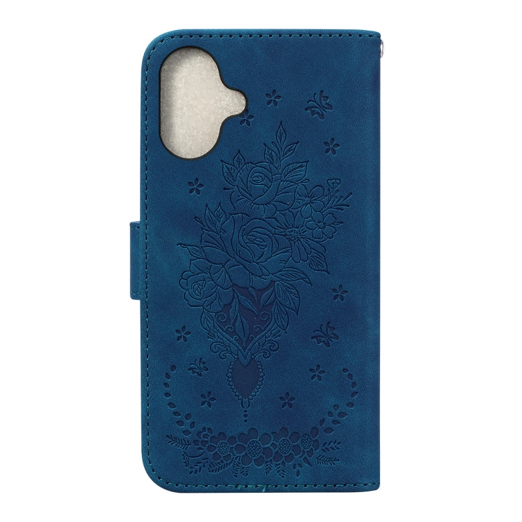 For iPhone 16 Butterfly Rose Embossed Leather Phone Case(Blue) - iPhone 16 Cases by buy2fix | Online Shopping UK | buy2fix