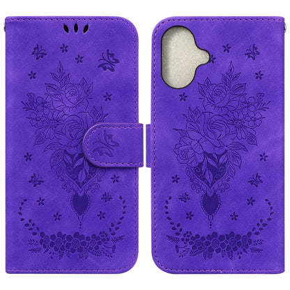 For iPhone 16 Butterfly Rose Embossed Leather Phone Case(Purple) - iPhone 16 Cases by buy2fix | Online Shopping UK | buy2fix