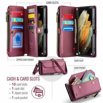 For Samsung Galaxy S21 Ultra 5G CaseMe C36 Card Slots Zipper Wallet RFID Anti-theft Leather Phone Case(Wine Red) - Galaxy S21 Ultra 5G Cases by CaseMe | Online Shopping UK | buy2fix