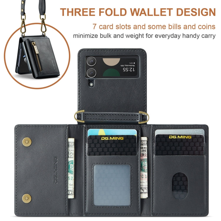 For Samsung Galaxy Z Flip4 5G DG.MING M5 Series Zip RFID Multi Card Detachable Leather Phone Case with Long Lanyard(Black) - Galaxy Z Flip4 5G Cases by DG.MING | Online Shopping UK | buy2fix