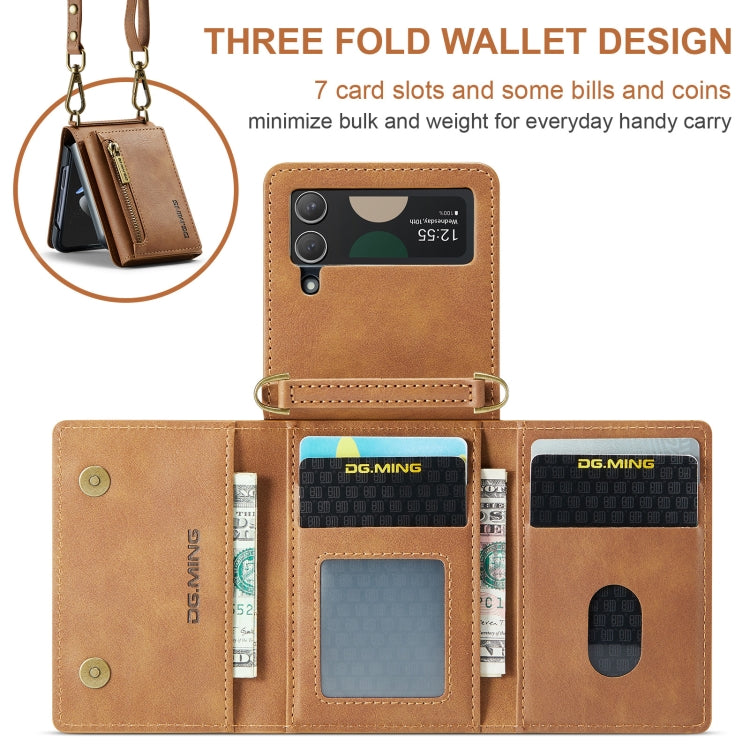 For Samsung Galaxy Z Flip4 5G DG.MING M5 Series Zip RFID Multi Card Detachable Leather Phone Case with Long Lanyard(Brown) - Galaxy Z Flip4 5G Cases by DG.MING | Online Shopping UK | buy2fix