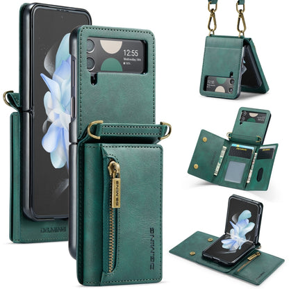 For Samsung Galaxy Z Flip4 5G DG.MING M5 Series Zip RFID Multi Card Detachable Leather Phone Case with Long Lanyard(Green) - Galaxy Z Flip4 5G Cases by DG.MING | Online Shopping UK | buy2fix