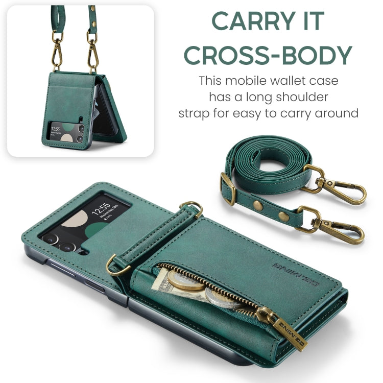 For Samsung Galaxy Z Flip4 5G DG.MING M5 Series Zip RFID Multi Card Detachable Leather Phone Case with Long Lanyard(Green) - Galaxy Z Flip4 5G Cases by DG.MING | Online Shopping UK | buy2fix