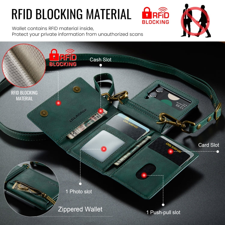 For Samsung Galaxy Z Flip3 5G DG.MING M5 Series Zip RFID Multi Card Detachable Leather Phone Case with Long Lanyard(Green) - Galaxy Phone Cases by DG.MING | Online Shopping UK | buy2fix