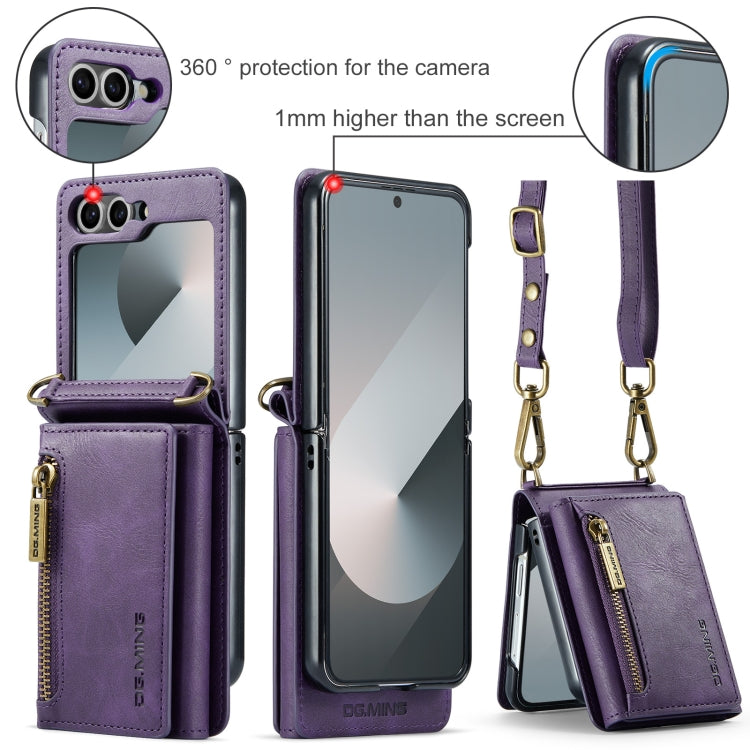 For Samsung Galaxy Z Flip6 DG.MING M5 Series Zip RFID Multi Card Detachable Leather Phone Case with Long Lanyard(Purple) - Galaxy Z Flip6 5G Cases by DG.MING | Online Shopping UK | buy2fix