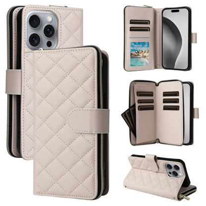 For iPhone 16 Pro Max Crossbody Rhombic Zipper Tower Buckle Leather Phone Case with Lanyard(Beige) - iPhone 16 Pro Max Cases by buy2fix | Online Shopping UK | buy2fix