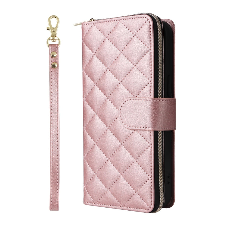 For iPhone 16 Pro Crossbody Rhombic Zipper Tower Buckle Leather Phone Case with Lanyard(Rose Gold) - iPhone 16 Pro Cases by buy2fix | Online Shopping UK | buy2fix