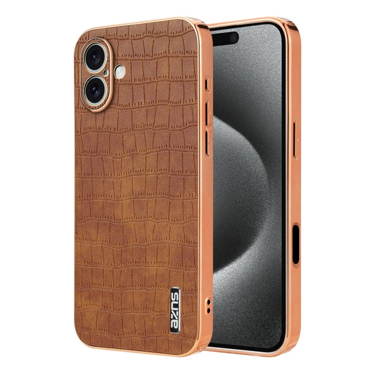 For iPhone 16 AZNS Electroplated Frame Crocodile Texture Full Coverage Phone Case(Brown) - iPhone 16 Cases by AZNS | Online Shopping UK | buy2fix