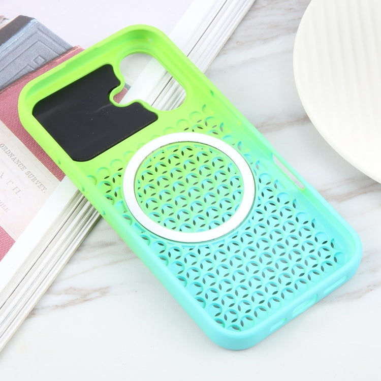 For iPhone 16 Gradient Color Honeycomb Aromatherapy MagSafe Phone Case(Green Blue) - iPhone 16 Cases by buy2fix | Online Shopping UK | buy2fix