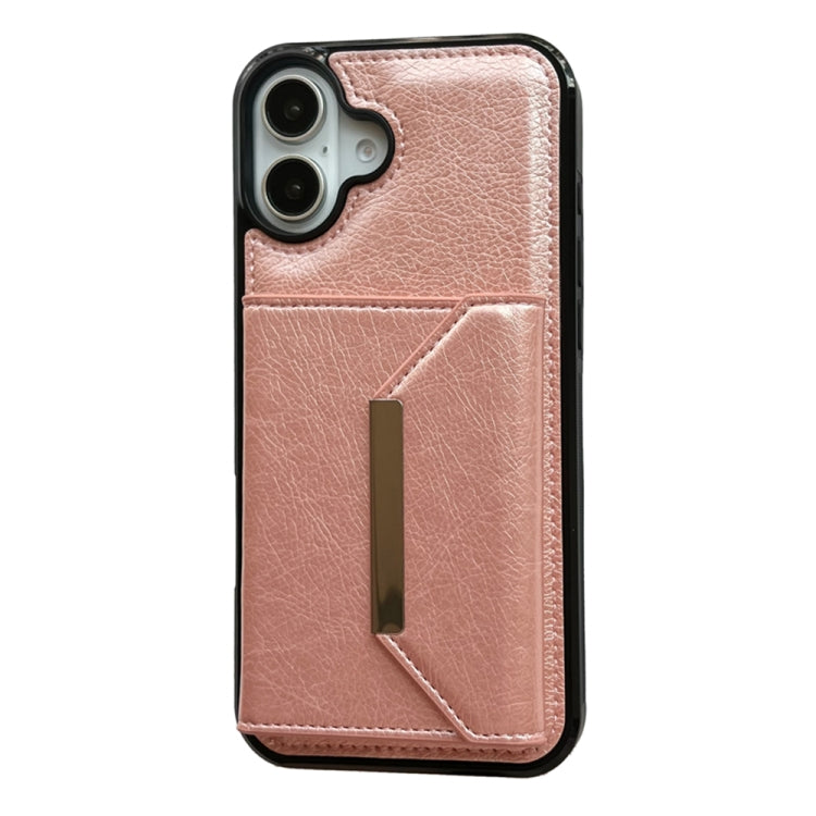 For iPhone 16 Solid Color Metal Buckle Card Slots Bag Phone Case(Rose Gold) - iPhone 16 Cases by buy2fix | Online Shopping UK | buy2fix