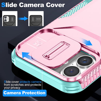 For iPhone 16 Sliding Camshield Phone Case(Pink + Grey Green) - iPhone 16 Cases by buy2fix | Online Shopping UK | buy2fix