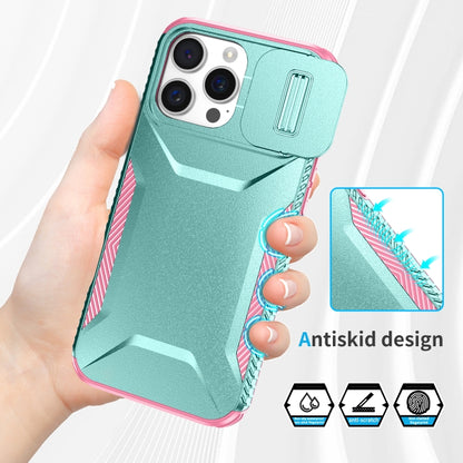 For iPhone 16 Pro Sliding Camshield Phone Case(Grey Green + Pink) - iPhone 16 Pro Cases by buy2fix | Online Shopping UK | buy2fix