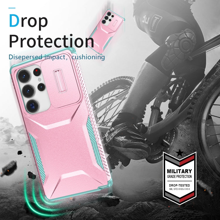 For Samsung Galaxy S25 Ultra 5G Sliding Camshield Phone Case(Pink + Grey Green) - Galaxy S25 Ultra 5G Cases by buy2fix | Online Shopping UK | buy2fix