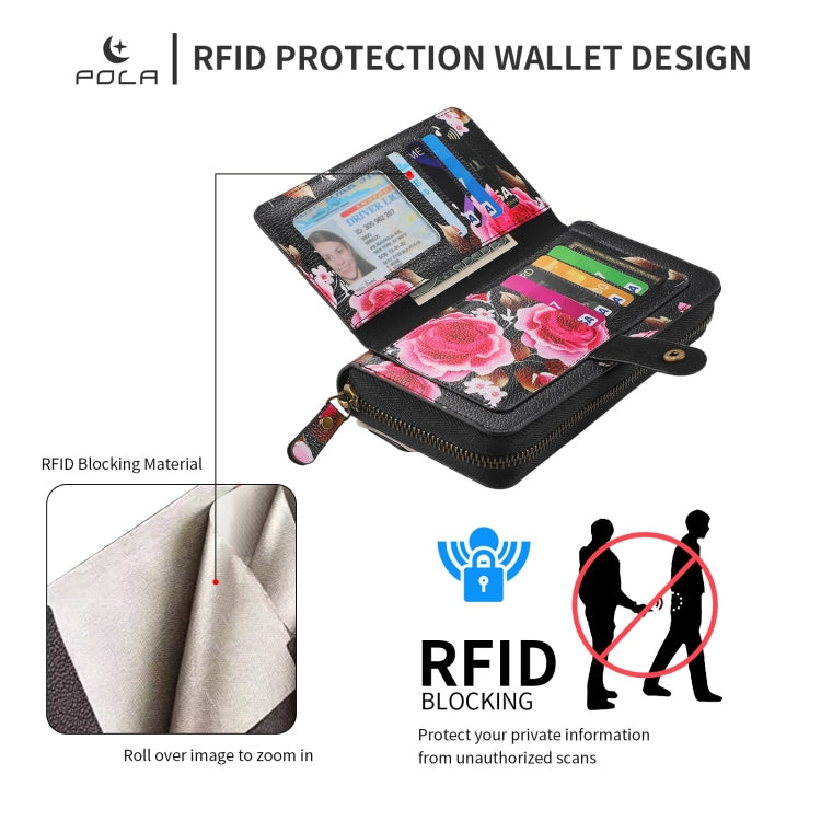 For iPhone 14 POLA MagSafe Flower Multi-functional Zipper Wallet Leather Phone Case(Black) - iPhone 14 Cases by buy2fix | Online Shopping UK | buy2fix