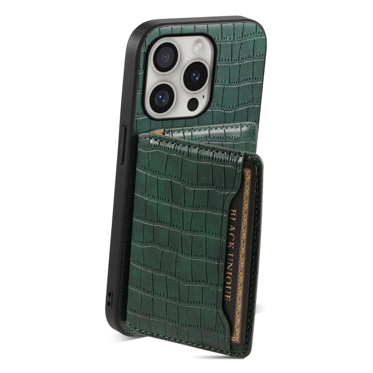 For iPhone 16 Pro Crocodile Texture Card Bag Design Full Coverage Phone Case(Green) - iPhone 16 Pro Cases by buy2fix | Online Shopping UK | buy2fix