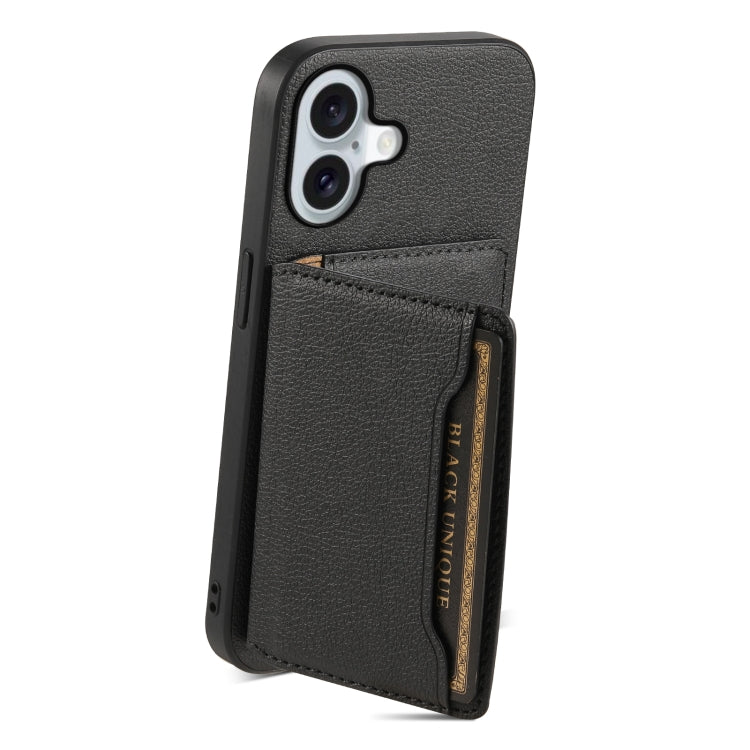 For iPhone 16 Plus Calf Texture Card Bag Design Full Coverage Phone Case(Black) - iPhone 16 Plus Cases by buy2fix | Online Shopping UK | buy2fix